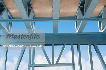 New residential construction home metal framing  against a blue sky