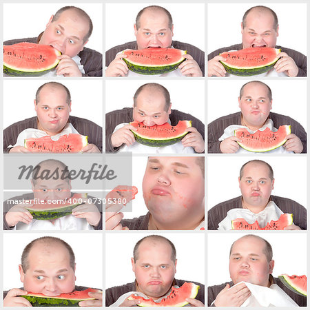 Collage portrait obese man eating a large slice of fresh juicy watermelon isolated on white