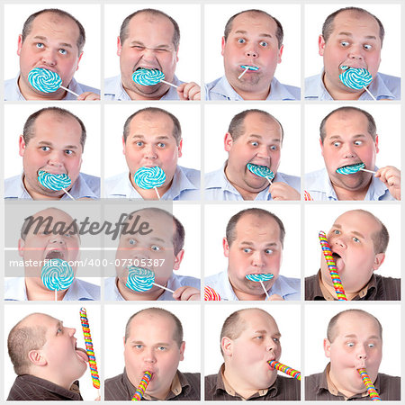 Collage portrait fat man eating a lollipop, on white background