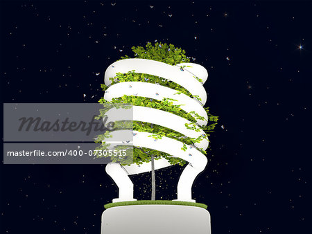 A power saving fluorescent light bulb glowing in the night with a tree growing through it's center symbolizing the conservation of nature by using a more efficient and environmental friendly source of light.