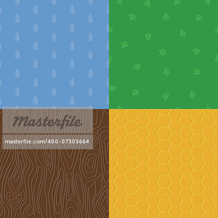 Vector organic embossed seamless patterns with natural elements - tree bark, raindrops, leaves and honeycomb