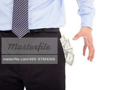 Business man grabbing  pocket money over white