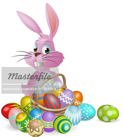 Pink Easter bunny rabbit with Easter eggs basket full of chocolate decorated Easter eggs