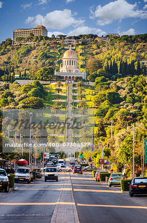 A view to the Hanging Gardens of Haifa on Mount Carmel in Haifa, Israel