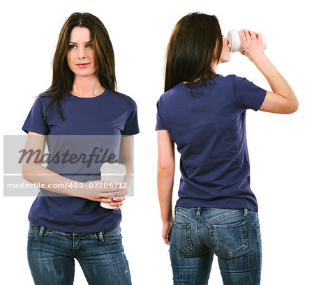 Photo of a beautiful brunette woman with blank purple shirt drinking a coffee. Ready for your design or artwork.