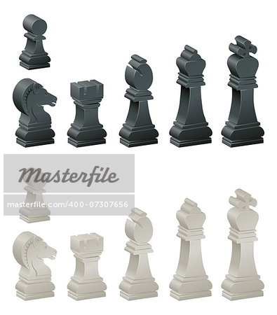 An illustration of a full set of chess pieces or chess men