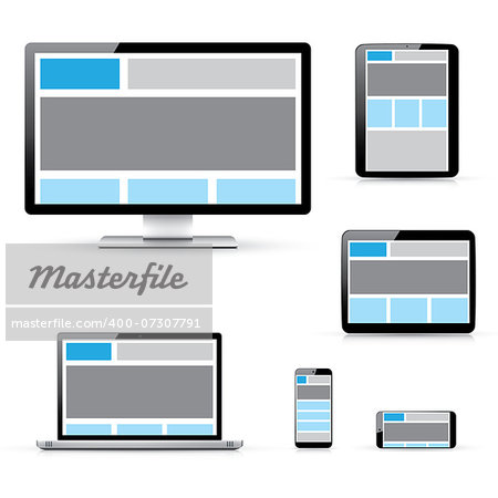 Responsive web design vector illustration with modern laptop, tablet, smartphone and computer devices.