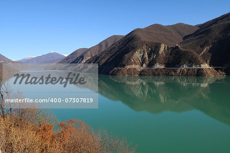 Caucasus Mountains in December. Zhinvali Reservoir