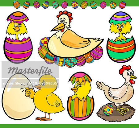 Cartoon Illustration of Happy Holiday Themes with Chicken or Chicks and Easter Eggs