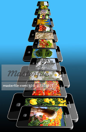 modern mobile phones with different colored images