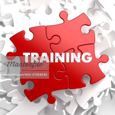 Training on Red Puzzle Pieces. Educational Concept.