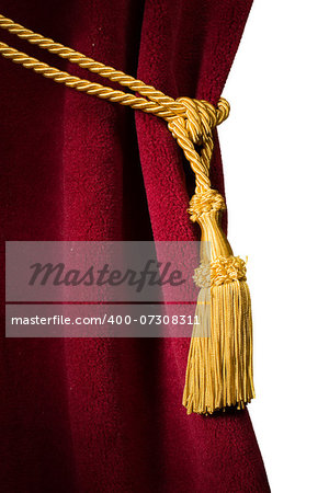 Red velvet curtain with tassel. Close up white isolated curtain
