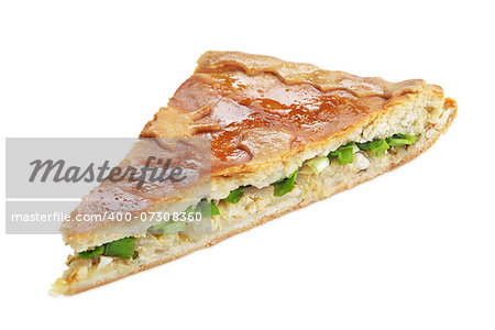 Slice of pie with onion and egg isolated on white with clipping path