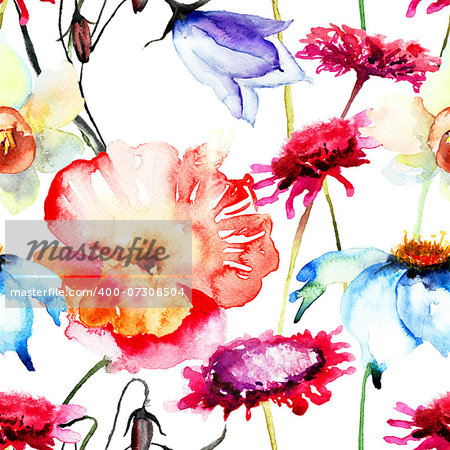 Seamless wallpaper with flowers, watercolor illustration