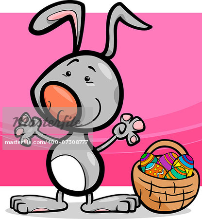 Cartoon Illustration of Cute Easter Bunny with Basket full of Paschal Eggs