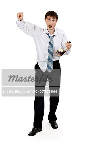 drunk businessman with a bottle of cognac on a white background