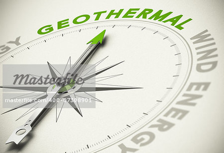 Compass with needle pointing the text GEOTHERMAL - Green and renewable energies concept blur effect with focus on the main word.