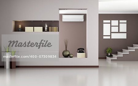 Beige and brown modern interior with staircase and air conditioner - rendering