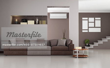 Beige and brown modern living room with staircase and air conditioner - rendering