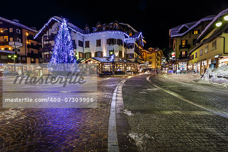 Illuminated Central Square of Madonna di Campiglio in the Evening, Italian Alps, Italy