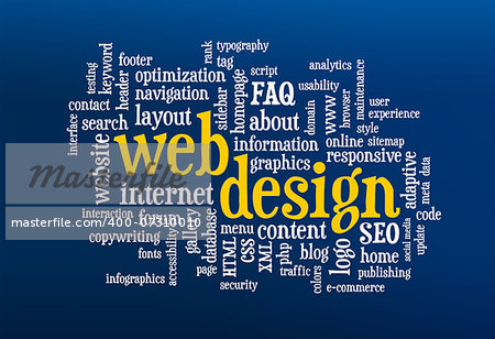 web design word cloud on a  blue computer screen background