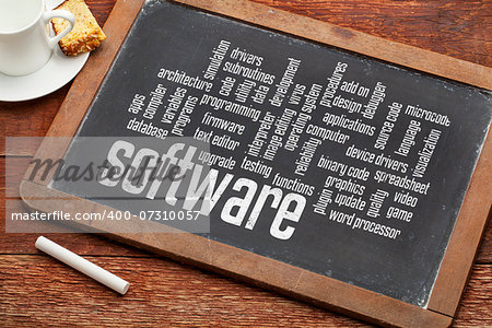 software and computer programming  word cloud  on a vintage blackboard with chalk and a cup of coffee