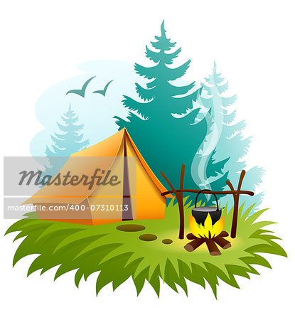 Camping in forest with tent and campfire. Eps10 vector illustration. Isolated on white background