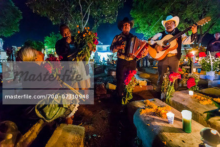 Musicians Honouring the Dead at Cemetery during Day of the Dead Festival, Old Cemetery at Xoxocotlan, Oaxaca, Mexico