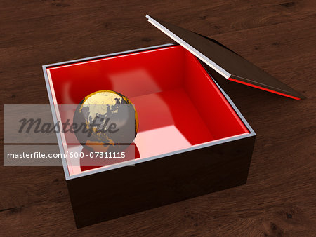 Illustration of close-up of black, lacquer case with red interior, displaying a marble covered with map of Asia, studio shot