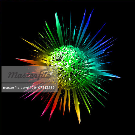 Explosion of colorful star with its fragments flying apart. Illustration on black background.