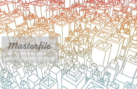 Wireframe City with Buildings and Blueprint Design Art