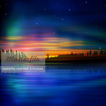 abstract nature background with sunset and forest lake
