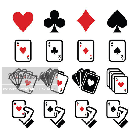Vector icons set of cards - hearts, diamonds, spades and clubs isolated on white