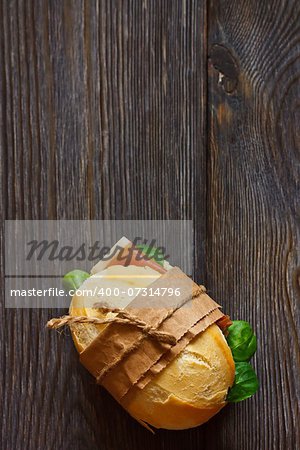 Sandwich on a wooden background with copy space for text.