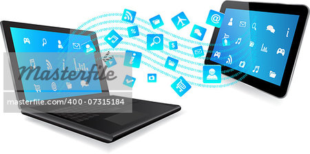 Application coming out of  laptop and from tablet on white background
