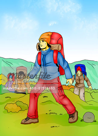 Illustration of people hiking with mountain and blue sky on the background
