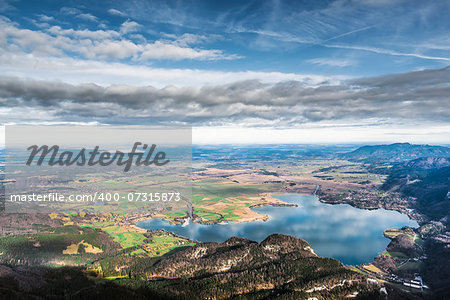 View from the top of the mountain Herzogstand in Germany Bavaria to the lake Kochelsee