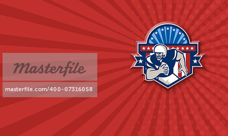 Business card template illustration of an american football gridiron quarterback player throwing ball facing front set inside crest shield with ribbon, stars and sunburst done in retro style on isolated background.