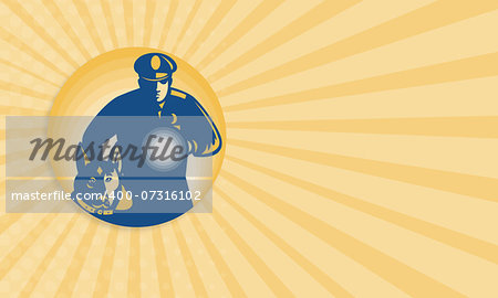 Business card template showing illustration of a security guard policeman with police guard dog and flashlight facing front set inside circle done in retro style.