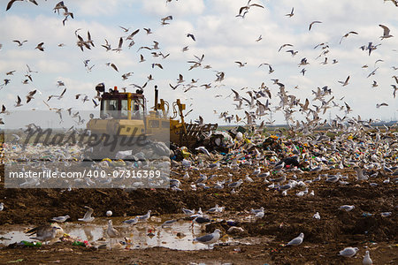 Shot of bulldozers working a landfill site