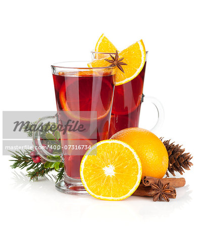 Christmas mulled wine with orange and spices. Isolated on white background