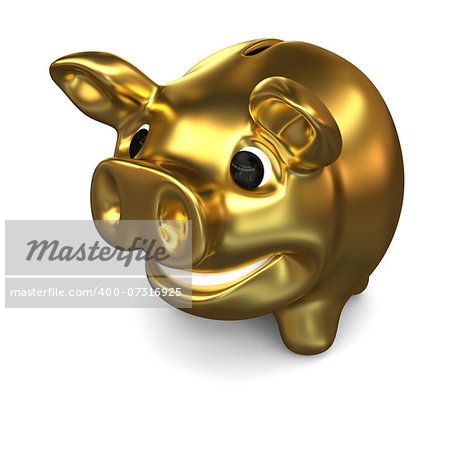 Golden piggy bank, concept of wealth, savings and investments, isolated on white background