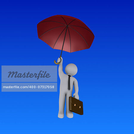 3d businessman holding an umbrella is falling from the sky