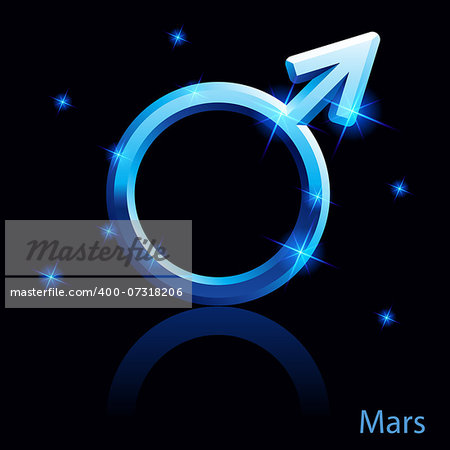 Shiny blue Mars sign on black background.