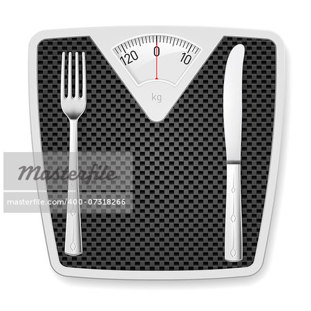 Bathroom scales with fork and knife as concept of diet and overweight.