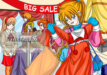 Cartoon illustration of a department store during sale