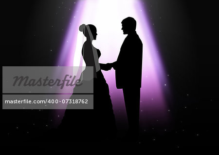 Silhouette illustration of a bride and groom under purple light