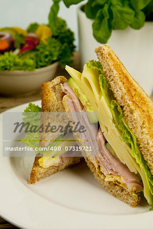 fresh tasty club sandwich with cheese and ham on wooden table