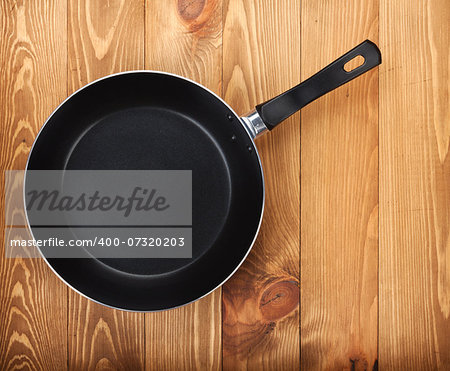 Frying pan on wooden table background. View from above