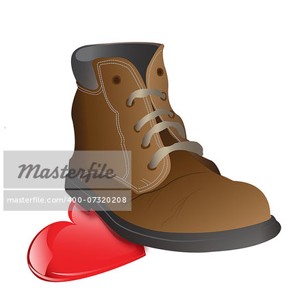 Red heart crushed by a brown man's boot isolated against a white background